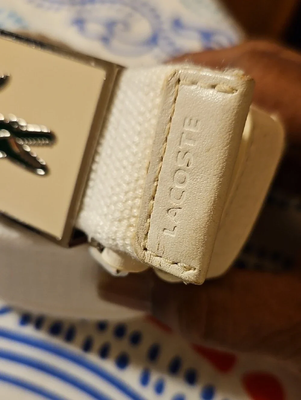 Lacoste White Textile Belt with Silver Croc Buckle